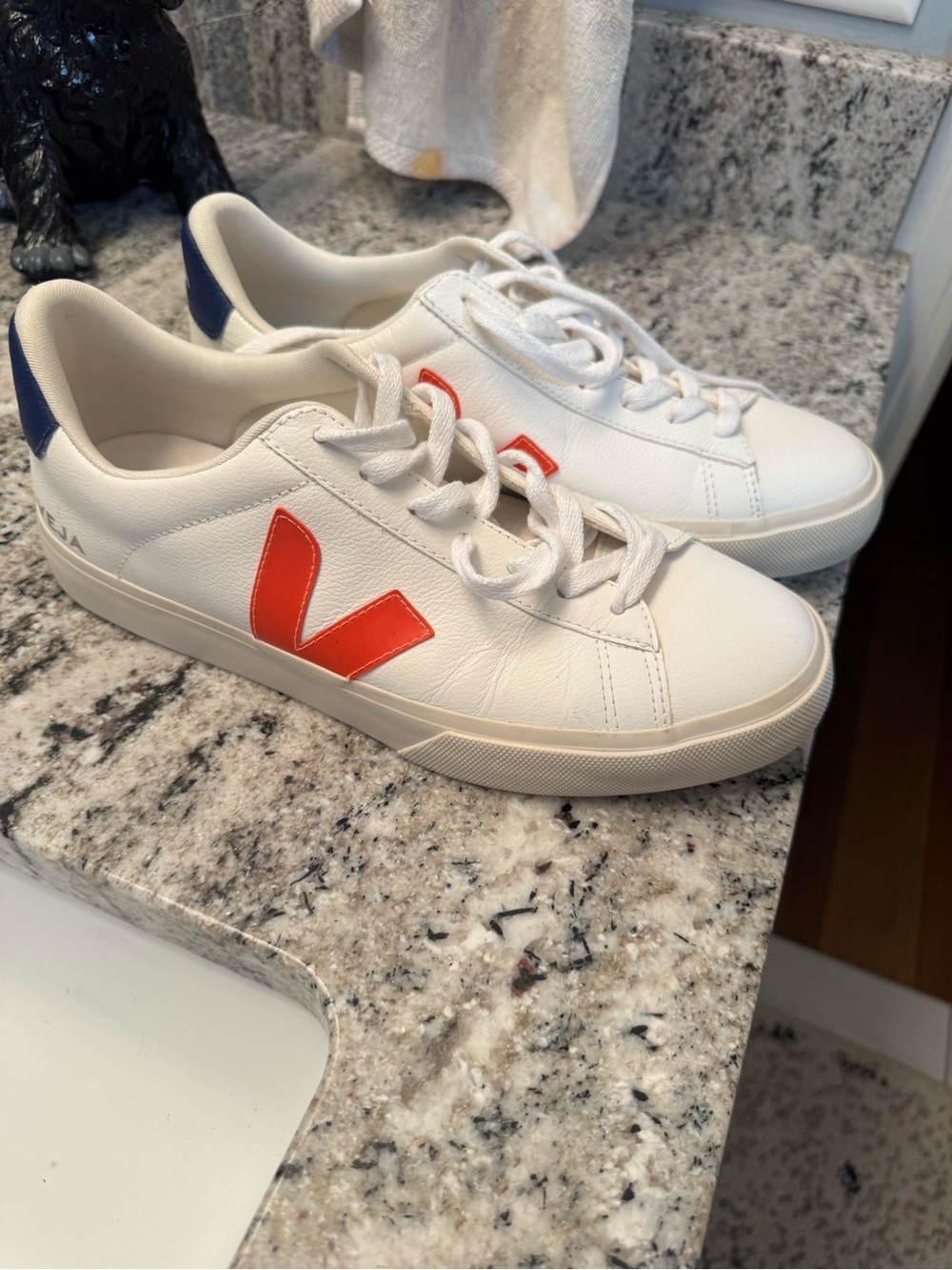 Veja White Leather Sneakers with Orange V and Navy Heel